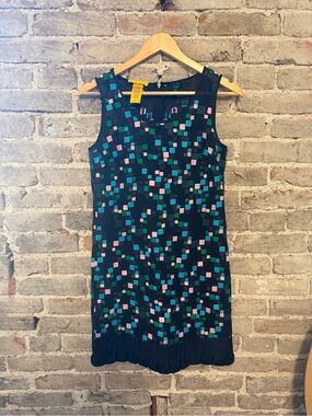 Catherine Malandrino Black Mini Dress with Teal & Pink Square Print